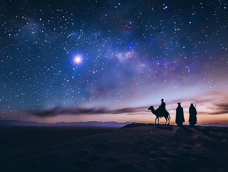 the three wise men and the star of bethlehem at nightの写真素材