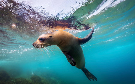 a beautiful sea lion at shallow depths on the coast of Chileの写真素材
