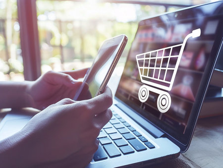 a person connected to his computer and a shopping cart symbolの写真素材