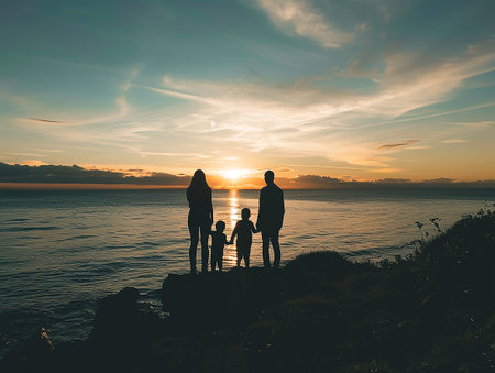 the silhouette of a family watching a sunset at the seaの写真素材