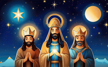 the three wise men and the star of bethlehem at nightの写真素材