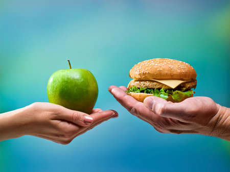 one hand holding an apple and another hand holding a hamburger, the difference between healthy food and unhealthy foodの写真素材
