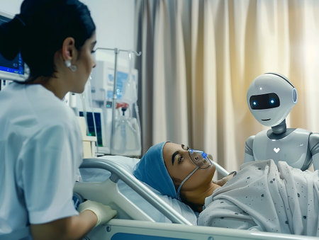 a nurse and an assistant robot in a hospitalの写真素材