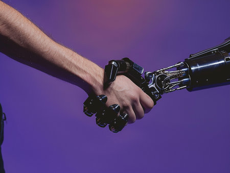 a hand of a person shaking hands with a robotの写真素材