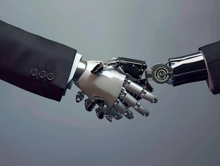 the hand of a robot shaking hands with a robotの写真素材