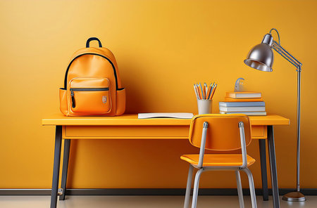 School desk with school accessory and orange backpack on yellow background 3D Renderingの写真素材