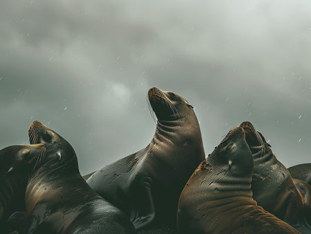 some sea lions in the rainの写真素材