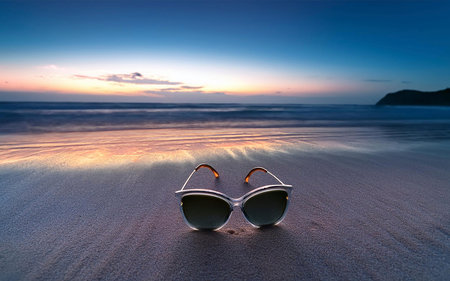 some sunglasses on a beach at sunset