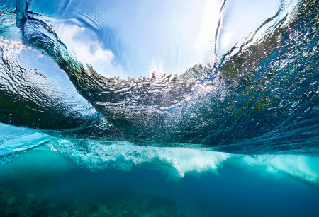 a wave in the pacific ocean seen from below the water