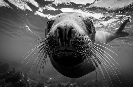 a sea lion swimming near the surface of the waterの写真素材