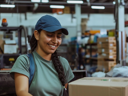 a hard working mexican woman smiling and working in a warehouseの写真素材