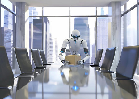a robot lawyer in a hearing with his client in a meeting roomの写真素材