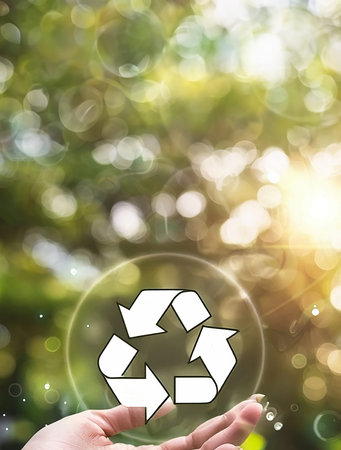 a hand of a woman with a hologram with the recycle icon