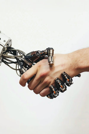 a hand of a man shaking hands with a robotの写真素材