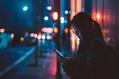 a young asian woman looking at her cell phone at night on the streetの写真素材