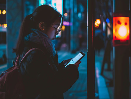 a young asian woman looking at her cell phone at night on the streetの写真素材