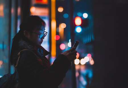 a young asian woman looking at her cell phone at night on the streetの写真素材