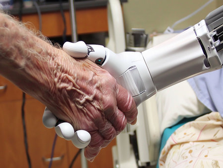 an old man's hand shaking hands with a doctor robotの写真素材