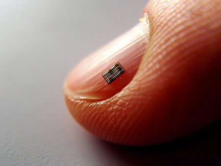 a latest generation micro chip with artificial intelligence embedded in the skin of a hand.の写真素材