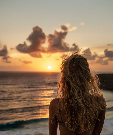 a young woman with blonde hair watching the sunset at the seaの写真素材