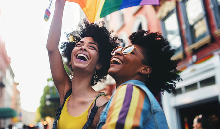 a gay couple happy and celebrating gay pride in San Franciscoの写真素材