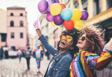 a gay couple happy and celebrating gay pride in San Franciscoの写真素材