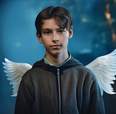 a handsome young man in an angel costume with wingsの写真素材