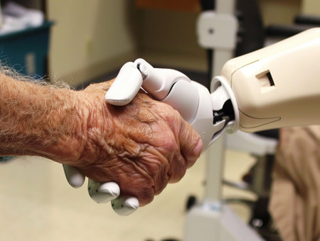 the hand of an old man shaking hands with a doctor robotの写真素材