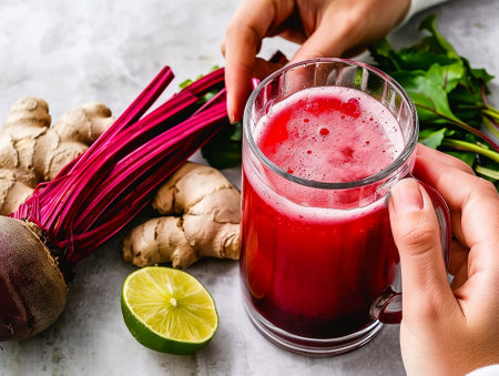 a woman's hands with beet, ginger and lemon juice, a healthy juice for the human bodyの写真素材
