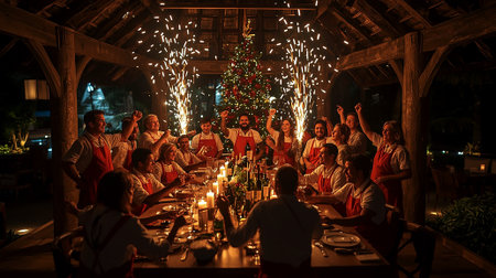 A diverse group of resort staff celebrating Christmas 2026 on a sandy Caribbean beachの写真素材
