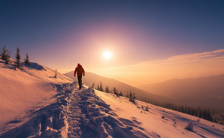 A lone hiker wearing a red jacket and backpack walks through a snowy trail surrounded by majestic mountains under a bright winter sun.の写真素材