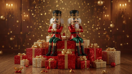 Two festive nutcracker figures standing atop a mountain of wrapped Christmas giftsの写真素材