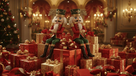 Two festive nutcracker figures standing atop a mountain of wrapped Christmas gifts