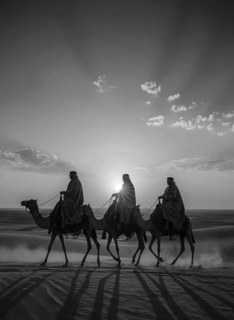 Three men ride their camels through the desert at sunset, guided by the distant star.の写真素材