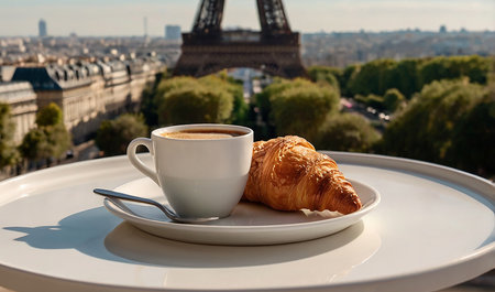 A cup of coffee and a fresh croissant served on a cafÃ© table with a stunning view of the Eiffel Tower in Parisの写真素材