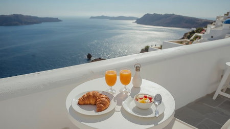 A peaceful breakfast scene with croissants, fresh fruit, and orange juice on a white terrace overlooking the deep blue waters of the Aegean Sea in Santorini, Greeceの写真素材