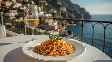 A delicious plate of pasta garnished with basil and cherry tomatoes served on a terrace overlooking the stunning Amalfi Coast in Italyの写真素材