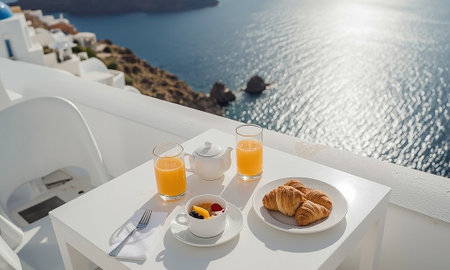 A peaceful breakfast scene with croissants, fresh fruit, and orange juice on a white terrace overlooking the deep blue waters of the Aegean Sea in Santorini, Greeceの写真素材