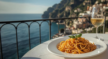 A delicious plate of pasta garnished with basil and cherry tomatoes served on a terrace overlooking the stunning Amalfi Coast in Italyの写真素材