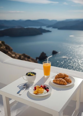 A peaceful breakfast scene with croissants, fresh fruit, and orange juice on a white terrace overlooking the deep blue waters of the Aegean Sea in Santorini, Greeceの写真素材