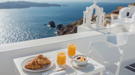 A peaceful breakfast scene with croissants, fresh fruit, and orange juice on a white terrace overlooking the deep blue waters of the Aegean Sea in Santorini, Greeceの写真素材