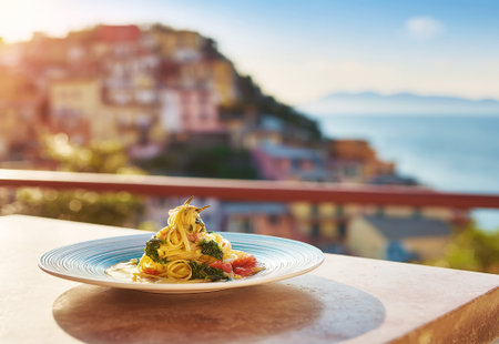 A delicious plate of pasta garnished with basil and cherry tomatoes served on a terrace overlooking the stunning Amalfi Coast in Italyの写真素材