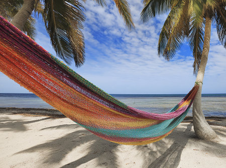 A relaxing hammock hanging between palm trees on a pristine tropical beach with turquoise waters and white sand, capturing the essence of tranquilityの写真素材