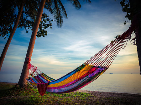 A relaxing hammock hanging between palm trees on a pristine tropical beach with turquoise waters and...