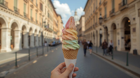 A hand holding a cone of Italian gelato with two colorful scoops, strawberry and pistachio, in the middle of a sunny street in Romeの写真素材