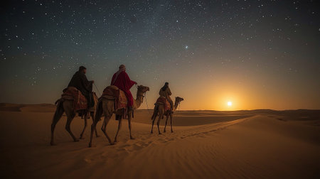 The Three Wise Men riding camels across a vast desert at sunset, silhouetted against the glowing sky, evoking the biblical journey and the spirit of Christmas and faith.の写真素材