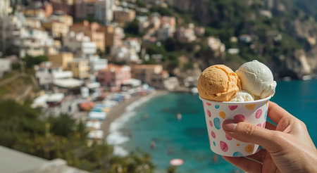 A refreshing summer scene featuring a hand holding a lemon and strawberry ice cream against the picturesque backdrop of the Amalfi Coast in Italy.の写真素材