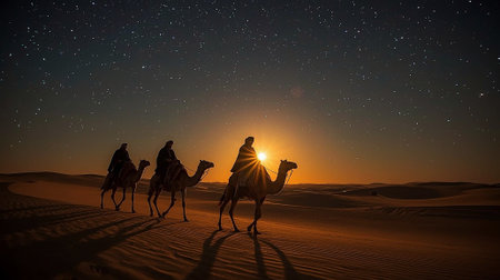 The Three Wise Men riding camels across a vast desert at sunset, silhouetted against the glowing sky, evoking the biblical journey and the spirit of Christmas and faith.の写真素材