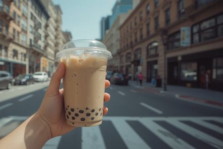 A hand holds a plastic cup of iced coffee in the middle of a bustling cosmopolitan city street.の写真素材