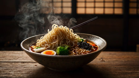 A delicious bowl of steaming ramen served on a rustic wooden table in a warm, traditional Japanese atmosphere.の写真素材